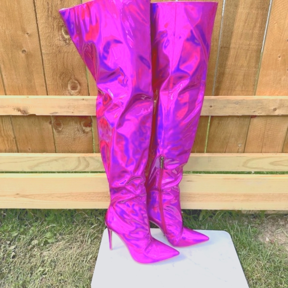 ☆ SEXY Hot Pink Metallic Thigh High Boots With 5' Stiletto Heels